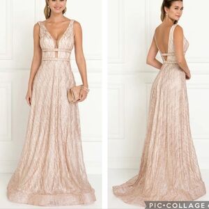 Elizabeth K GL Champagne Glitter Plunge Neck A-Line Gown